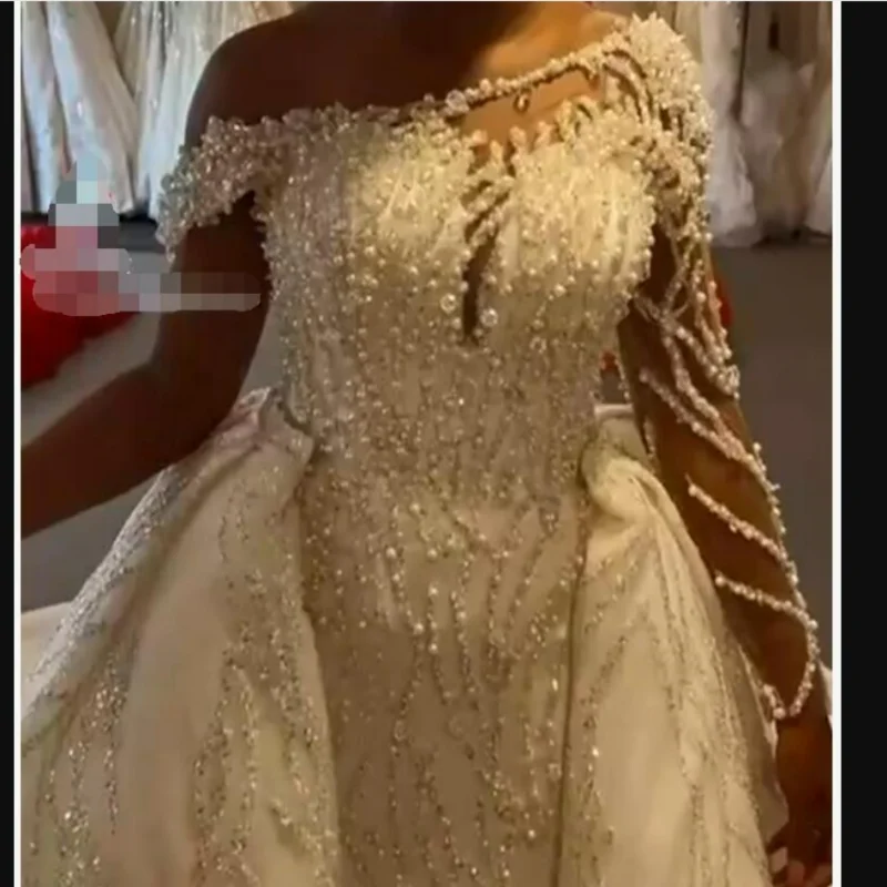 

Customized Off the Shoulder Beads Pearls Luxury Mermaid Wedding Dress Vestidos Noivas Detachable Train Africa Bridal Gown