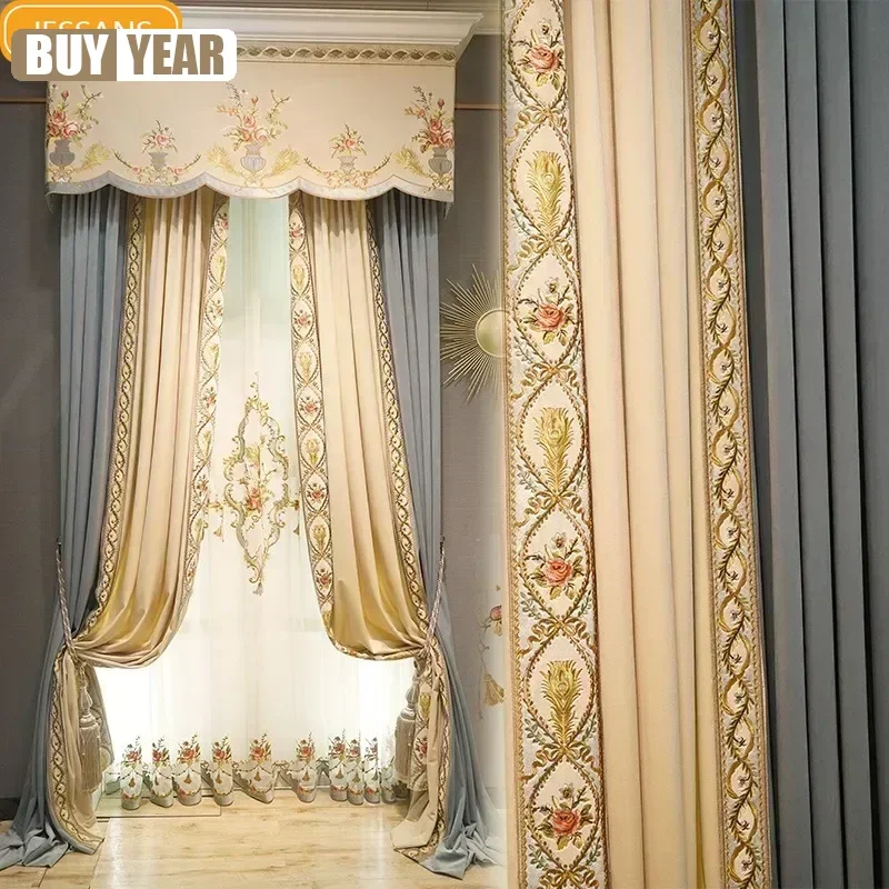 Luxury French European Thickening American Atmosphere High-grade Embroidery Flowers Curtains For Living Dining Room Bedroom