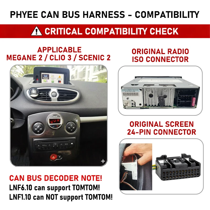Wiring Harness CAN Bus Decoder, TOMTOM Display SWC Retention P&P 16Pin Android, for Renault Megane MK2 Phase 2, Clio 3