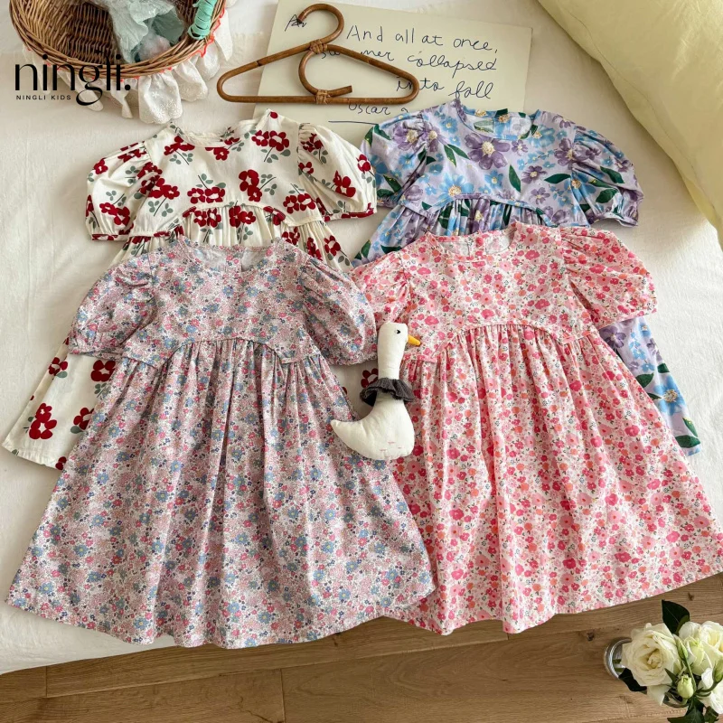 

Children's Summer Girls' Loose Stylish Puff Sleeve Dress Cotton Silk Thin Princess Dress Artificial Cotton Long Dress