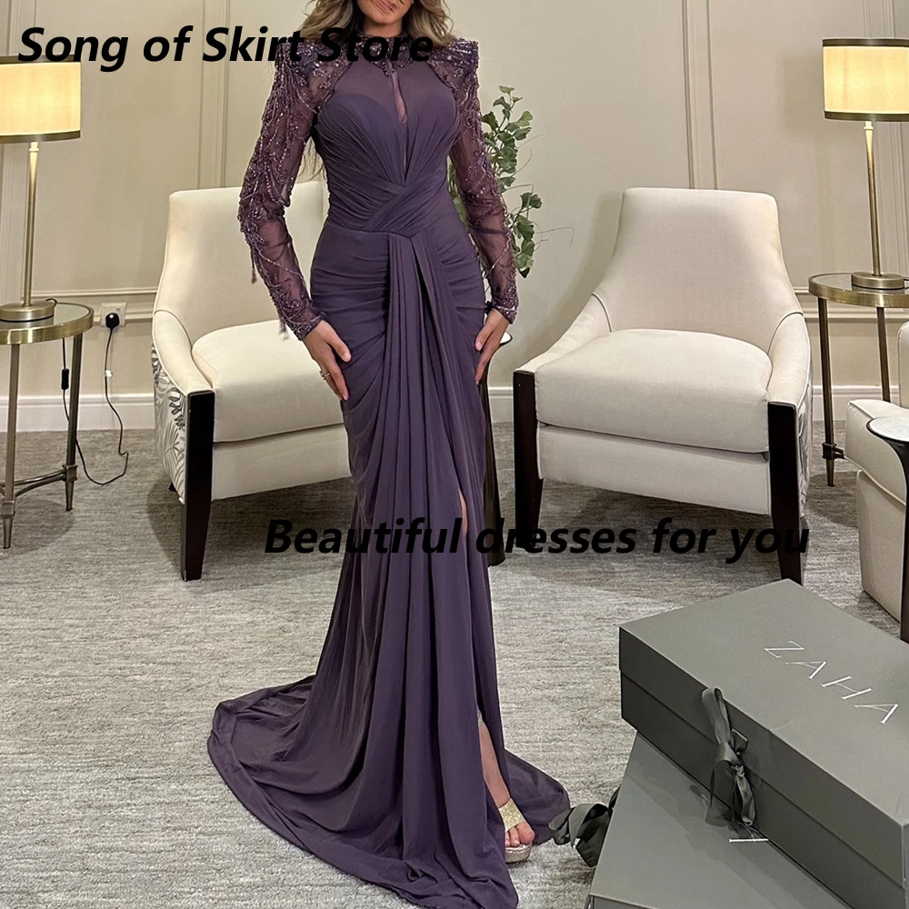 

Grape Purple Mermaid Evening Dress Customized Sequined Crystal Long Sleeves High Neck Prom Gowns Slit Floor Length Party Dresses