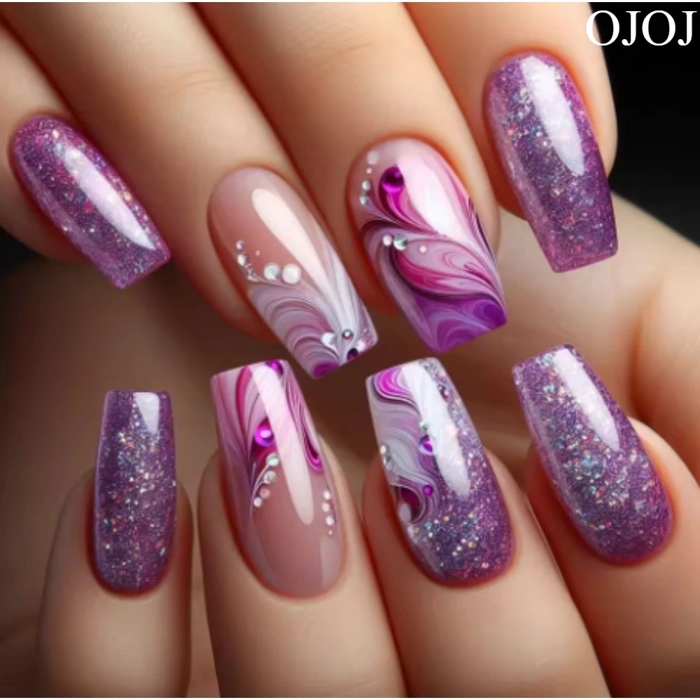 OJOJ Lange Stiletto-Glitzer, dunkles Ombre-Nägel zum Aufdrücken, wiederverwendbare künstliche Nägel, Salonqualität, mehrere Größen, starker Halt, 24 Stück