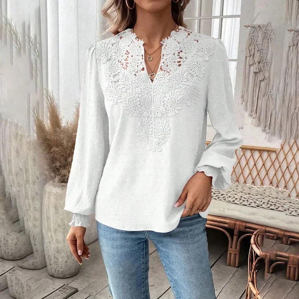 2024 Autumn Long Sleeve Lace Shirts & Blouses for Women Fashion Loose V-neck White Blouse Tops Blusas Casuales Mujer Clothing