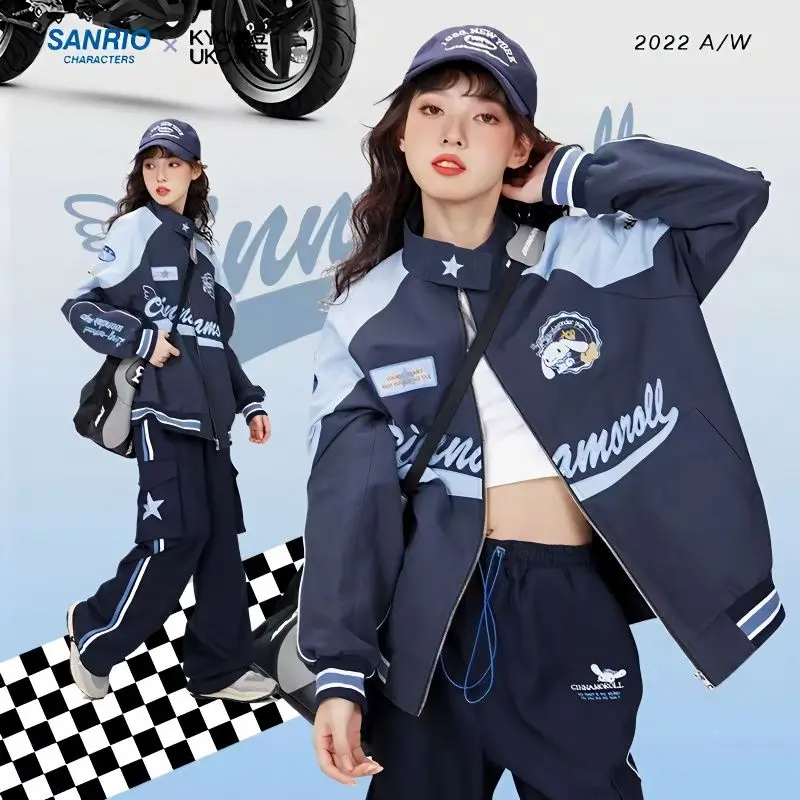 Cartoon Sanrio Biker Punching Embroidered Cinnamoroll Jacket Pants Racer Windproof Coat Oversize Cargo Pants Hip Hop Biker Set