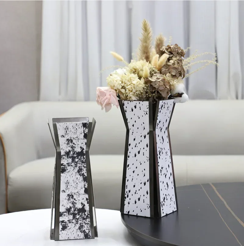 Luxury Stainless Steel Vase, Splashed Ink Art Leather Metal Flower Vase, Flower Arrangement, Living Room Decoration Ornament