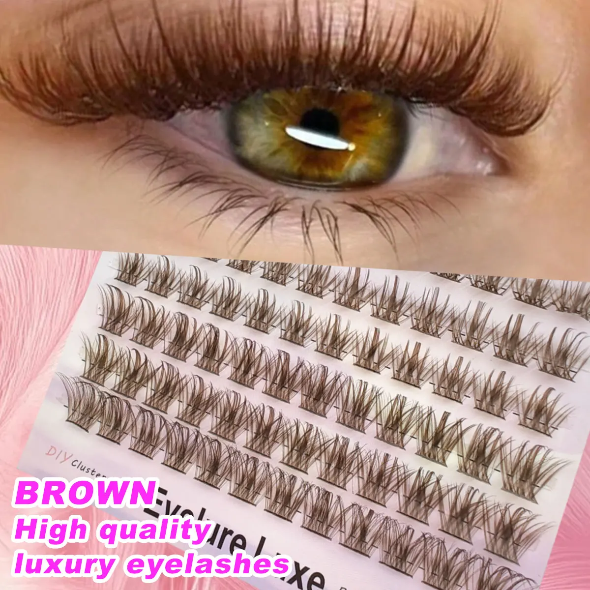96pcs Brown False Eyelashes Voluminous Fluffy Natural Wispy Effect Dramatic Cartoon Style Reusable DIY Home Lash Clusters
