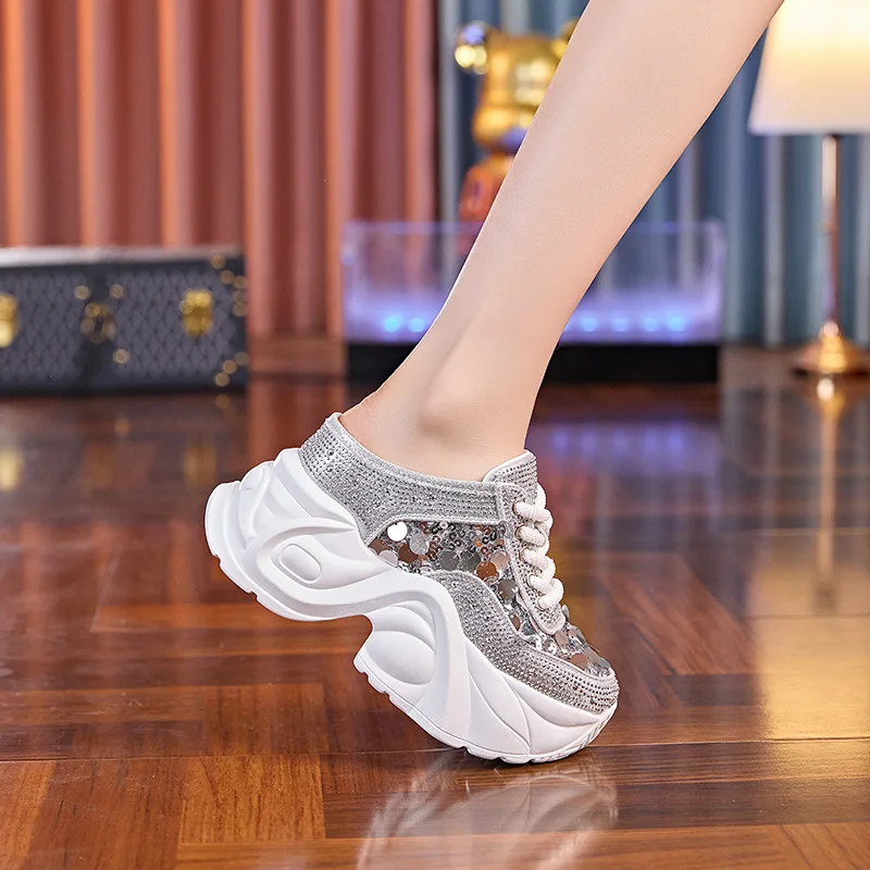 Fujin 7cm Air Mesh Hollow Synthetic Leather Leisure Breathable Summer Women Chunky Sneakers Mixed Color Slippers Platform Wedge