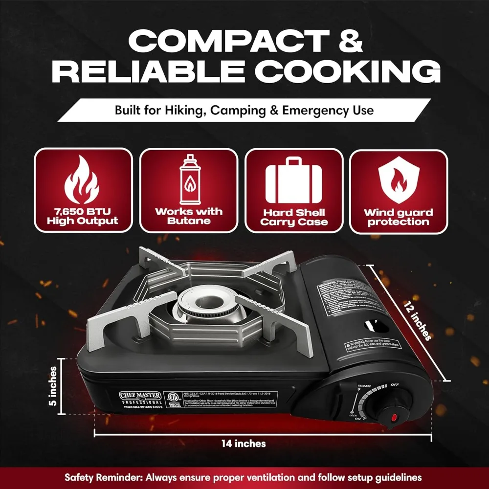 Portable Butane Camping Stove with Piezo Ignition Wind Guard Carry Case for Outdoor Cooking Emergency Use