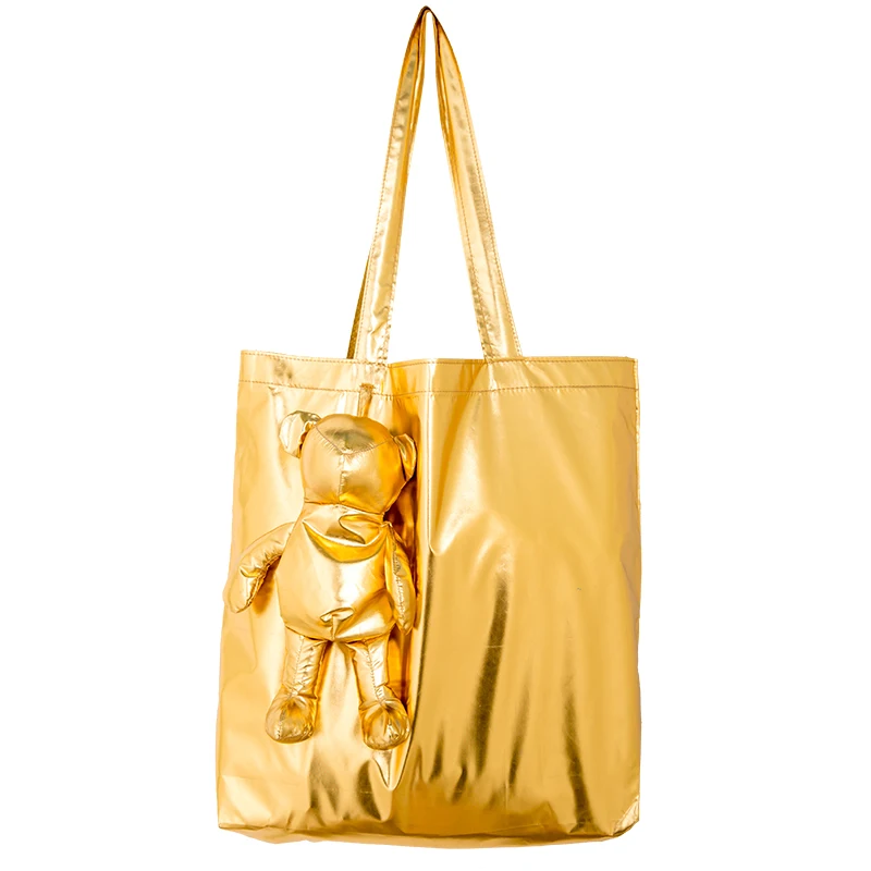 Bolso de compras de algodón con relleno de oso recubierto de oro ecológico, bolsa de compras de alta capacidad, reutilizable, impermeable