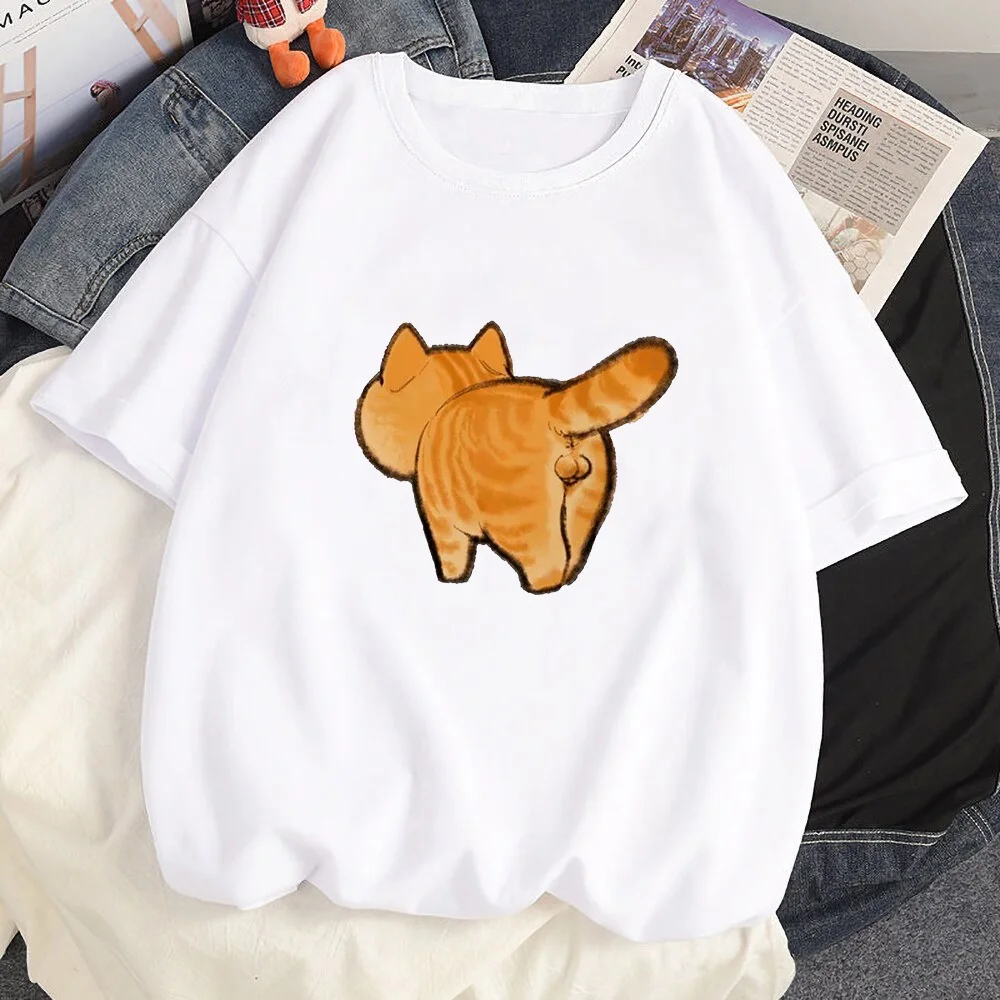 Économie blancs à manches courtes pour femmes, Économie décontractés unisexes, thème de dessin animé de chat d'angle mignon, Streetwear Harajuku, mode estivale