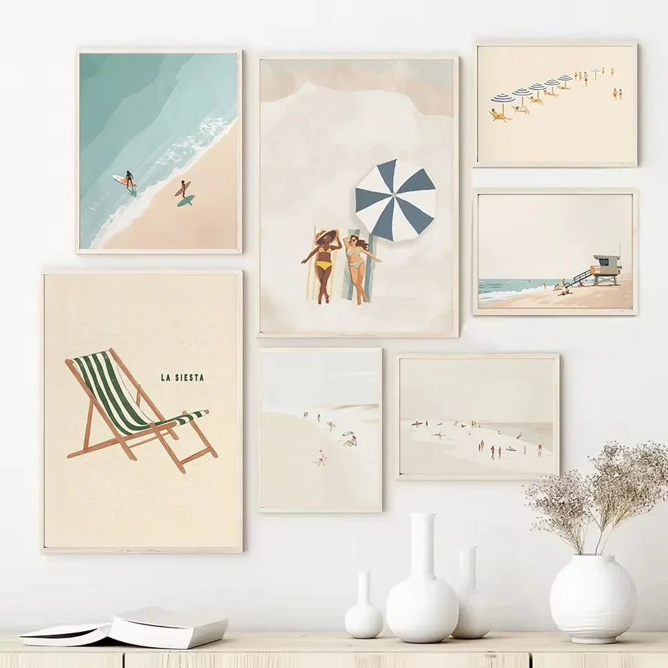 Retro Minimalistisches Strand-Figur Schwimmen Surfen Poster Leinwandgemälde Wandkunst Bilder Heim Strandhaus Badezimmer Dekoration