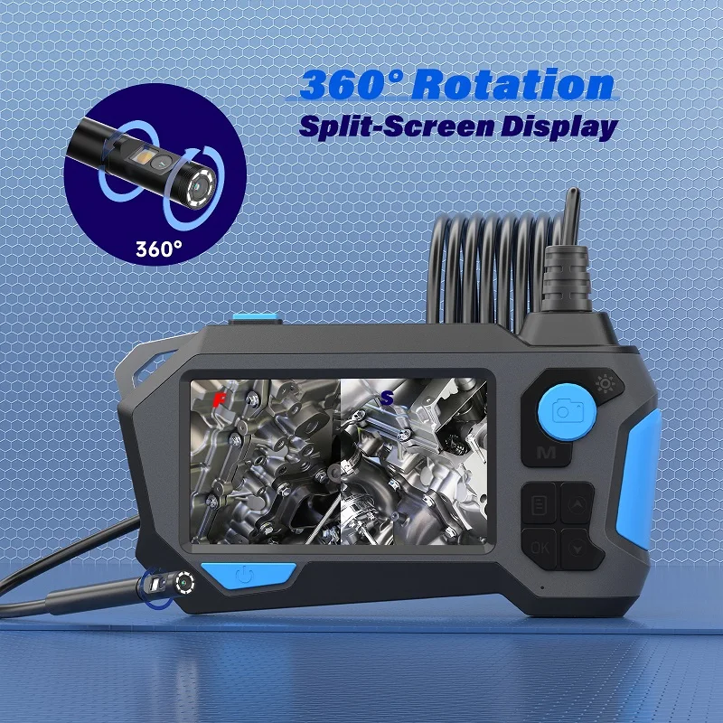 360° Auto Rotation Industrial Endoscope Camera 4.5\'\' IPS Screen Dual Lens 360 Degree Steering Inspection Borescope 9 LEDs 32GB