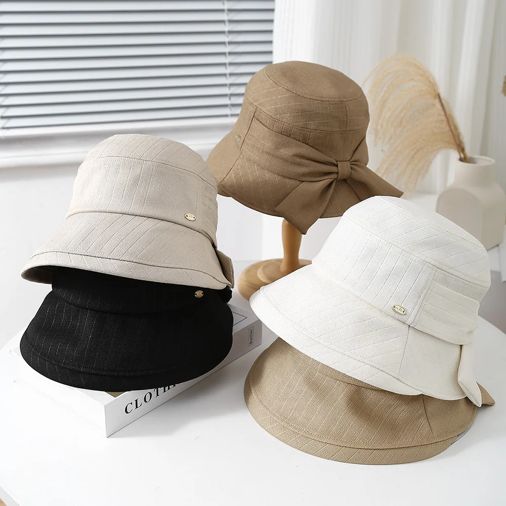 Women's Bucket Hat With Bow Solid Color Foldable Cloth Korean Style Lady Travel Casual Fashion Sun Hats For Women