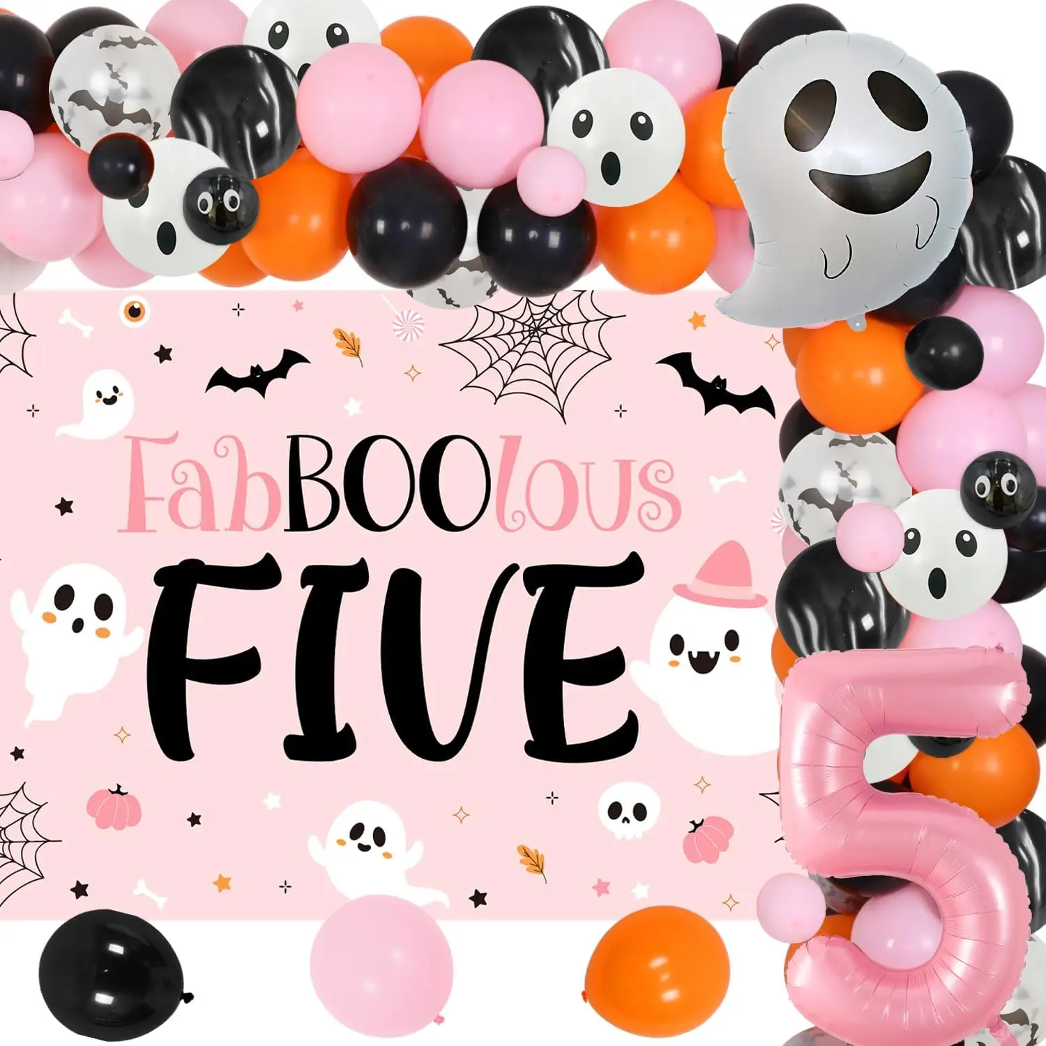 

Sursurprise 78Pcs Halloween Pink Orange Bat Spider Web Backdrop Ghost Balloon Scary Theme 5th Birthday Party Decor Supplies