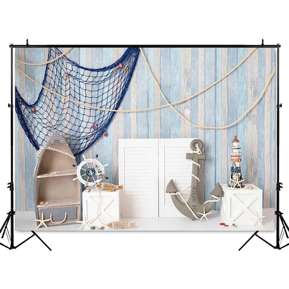 Little Anchor Boy Newbron Portrait Photography Backdrop 1st Birthday Cake Smash Fishing Net Rudder Photo Background Photocall