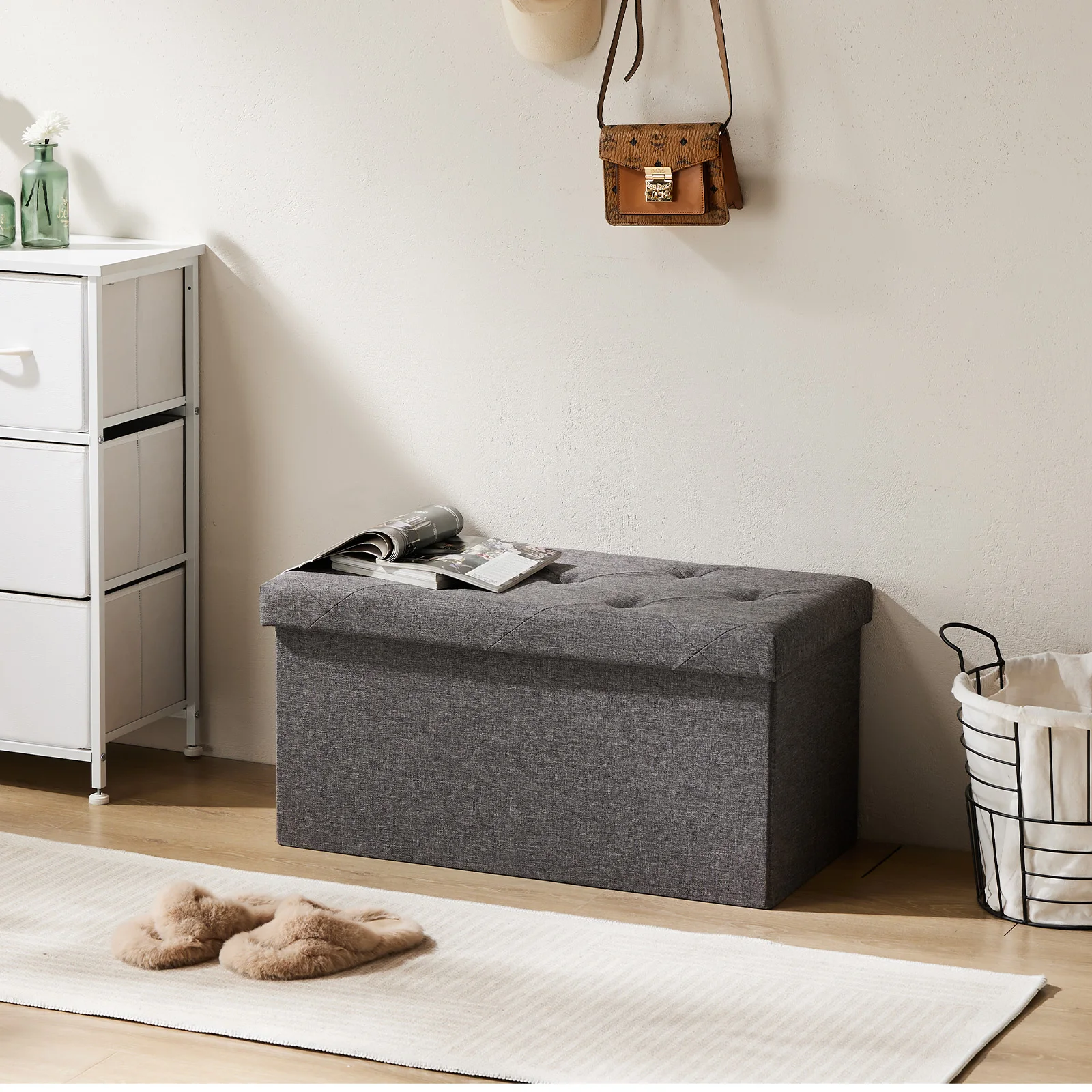 JHK 30-Inch Folding Storage Ottoman, Upholstered Bench with Hidden Compartment, 660 lb Capacity Footrest for Living Room and Bedroom