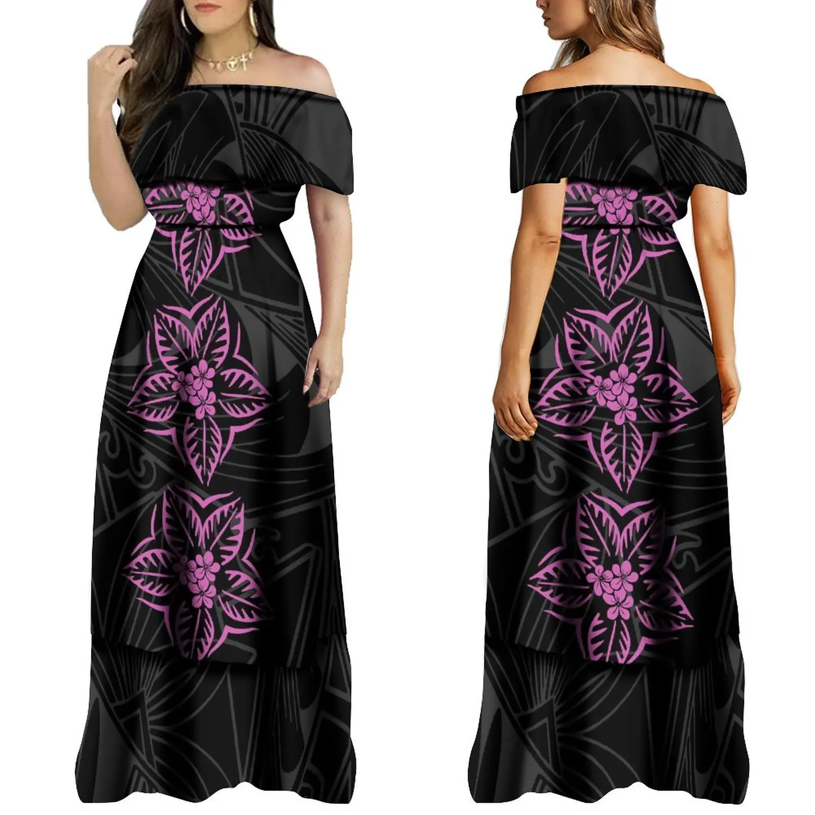 2024 Customized New Dress Summer One Shoulder Floor Dragging Skirt Hem High Quality Fabric Polynesian Dress