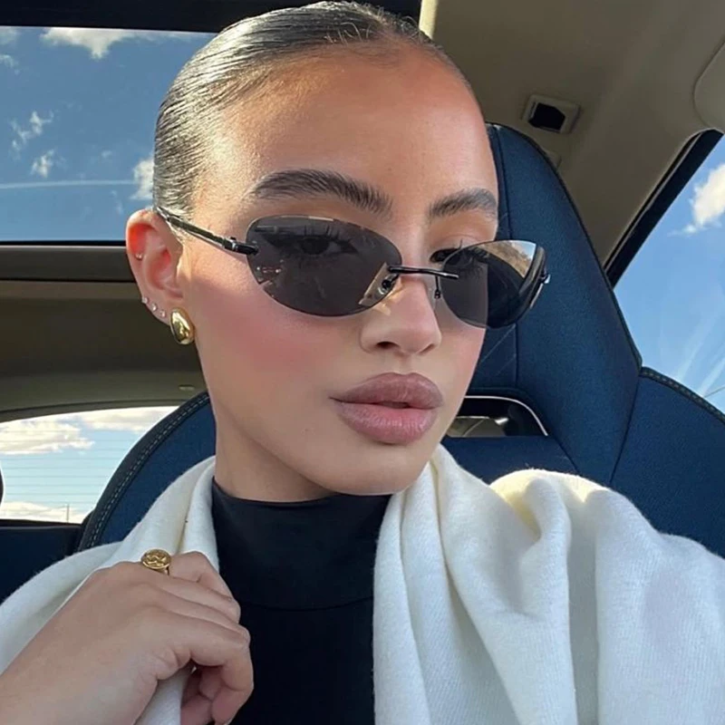 Gafas de sol Vintage Y2k con forma de ojo de gato para mujer, gafas de sol ovaladas sin montura con montura pequeña Sexy para mujer, gafas de sol UV400 2025