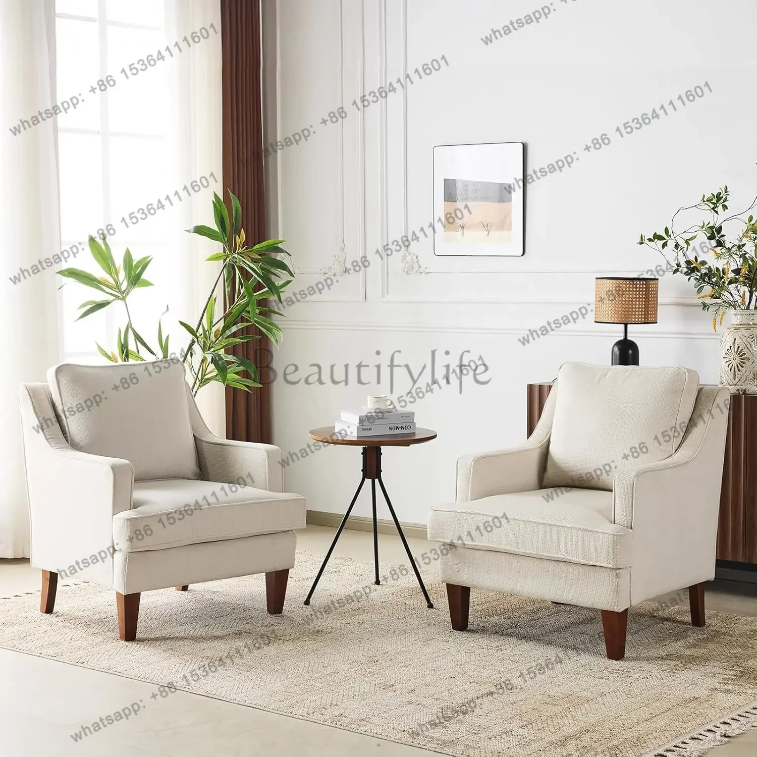 yj58 Modern Accent Chairs Set of 2, Beige Upholstered Armchair Comfy Sofa Chairs Reading Chair