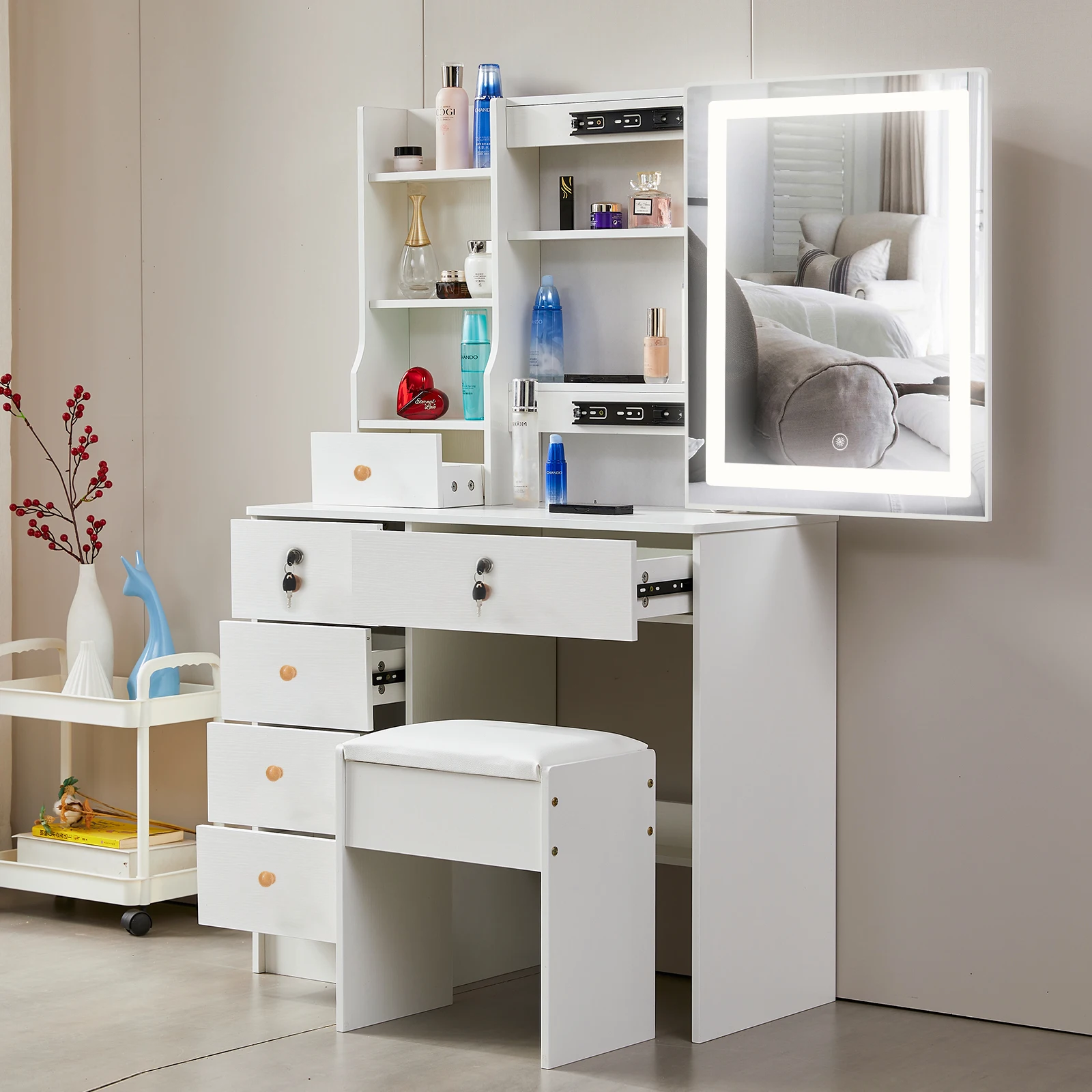 مرآة طاولة الغرور مع أضواء البراز مجموعة ماكياج مكتب منظم مضمد مخزون المملكة المتحدة #4