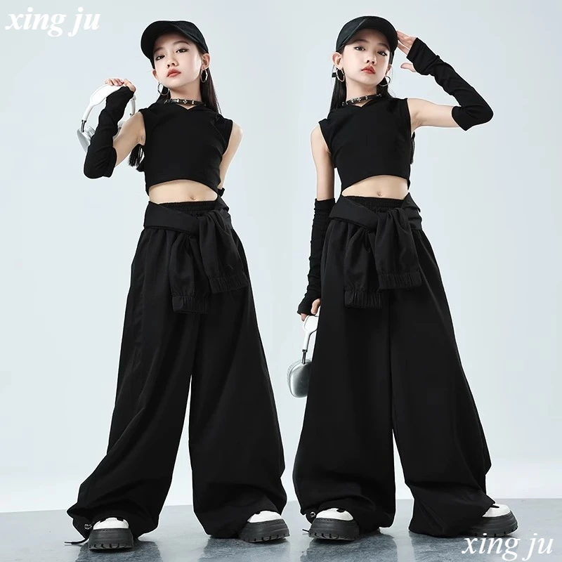 

Детский джазовый костюм для девочек, свободные лоскутные брюки-карго для уличных танцев, короткие топы с капюшоном, детские комплекты для выступлений в стиле хип-хоп