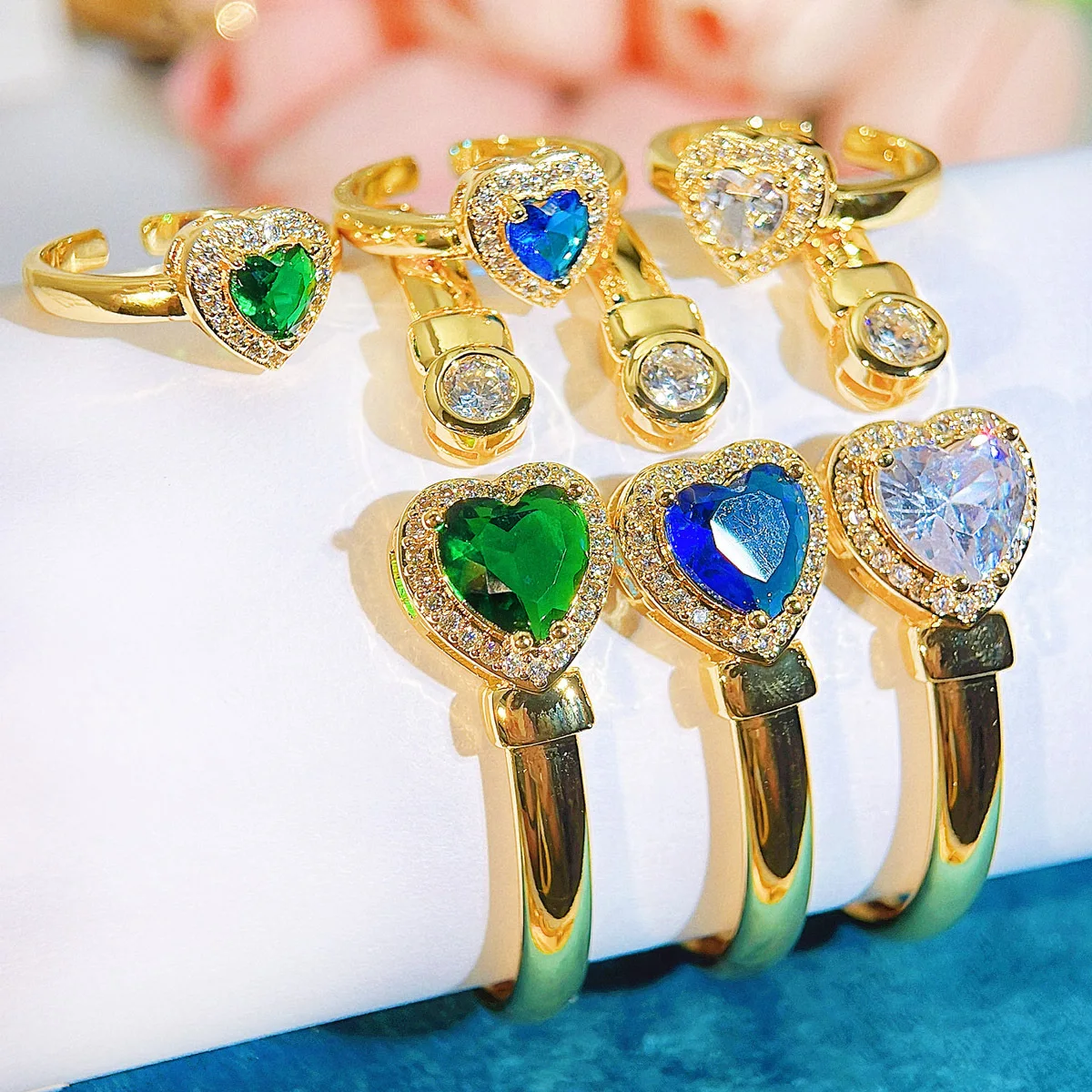 

French romantic heart zircon bracelet movable ring set for women simple and versatile love opening bracelet ring children