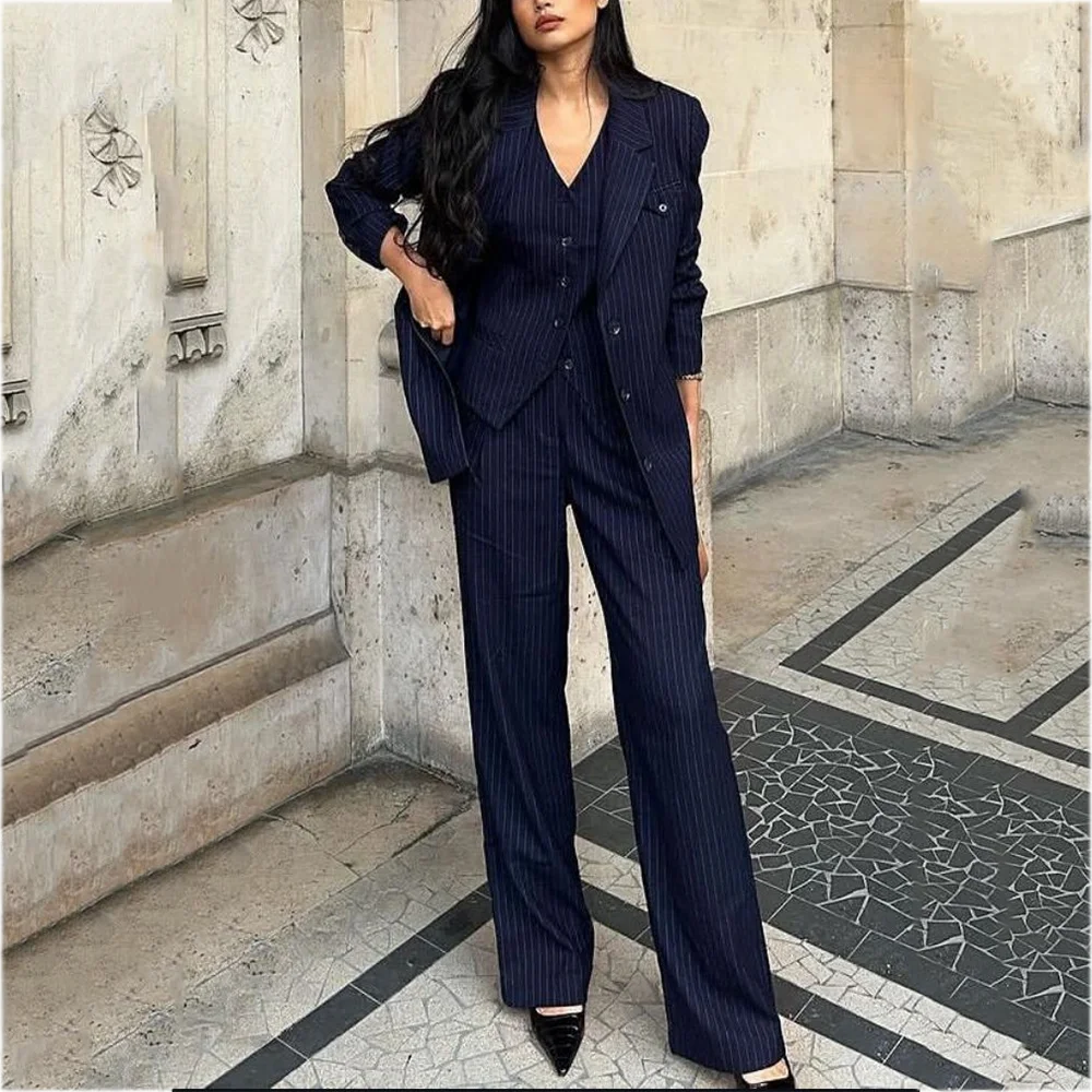 Tailor-Made Striped Suit For Women High Quality Peaked Lapel Single Breasted Three Piece Business Office Lady Formal Outfit