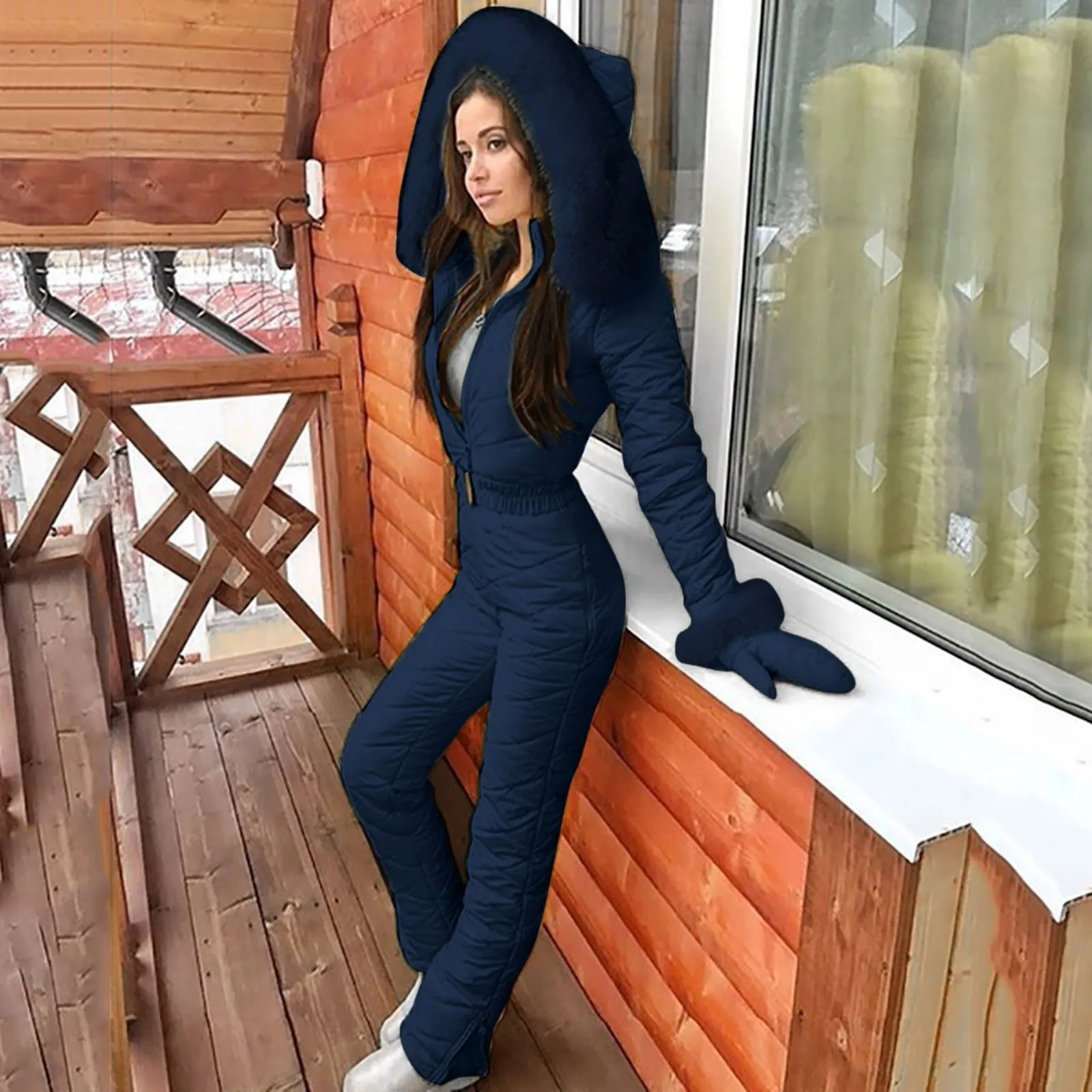 Faux Fur Collar Hooded Women Jumpsuits Winter Skiing Jumpsuit Outdoor Warm Fleece Ski Jumpsuit Women Skiing Suite Winter Coat