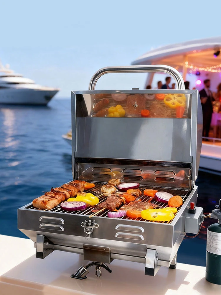 Portable Outdoor Gas BBQ Grill with 304 Stainless Steel, Fish Rod Holder, and American-style Meat Rack for Boats and Yachts