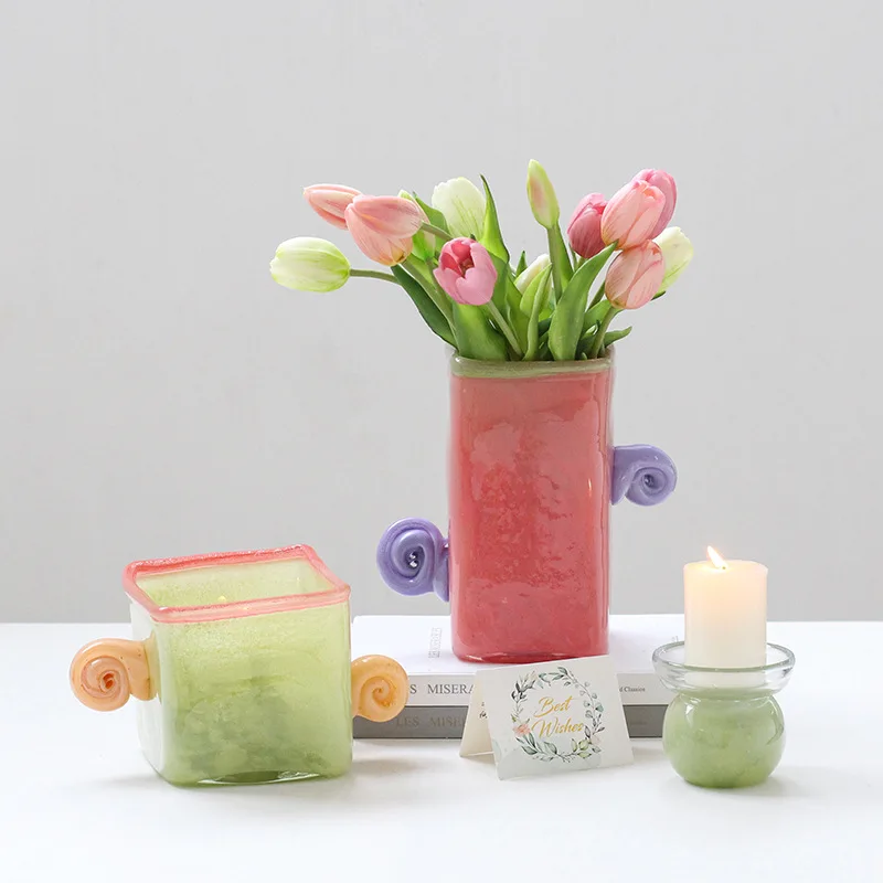 Nordic Double Eared Square Glass Vase Candy Colored Flower Hydroponic Vase Office Flower Arrangement Flowers Decorative Vases