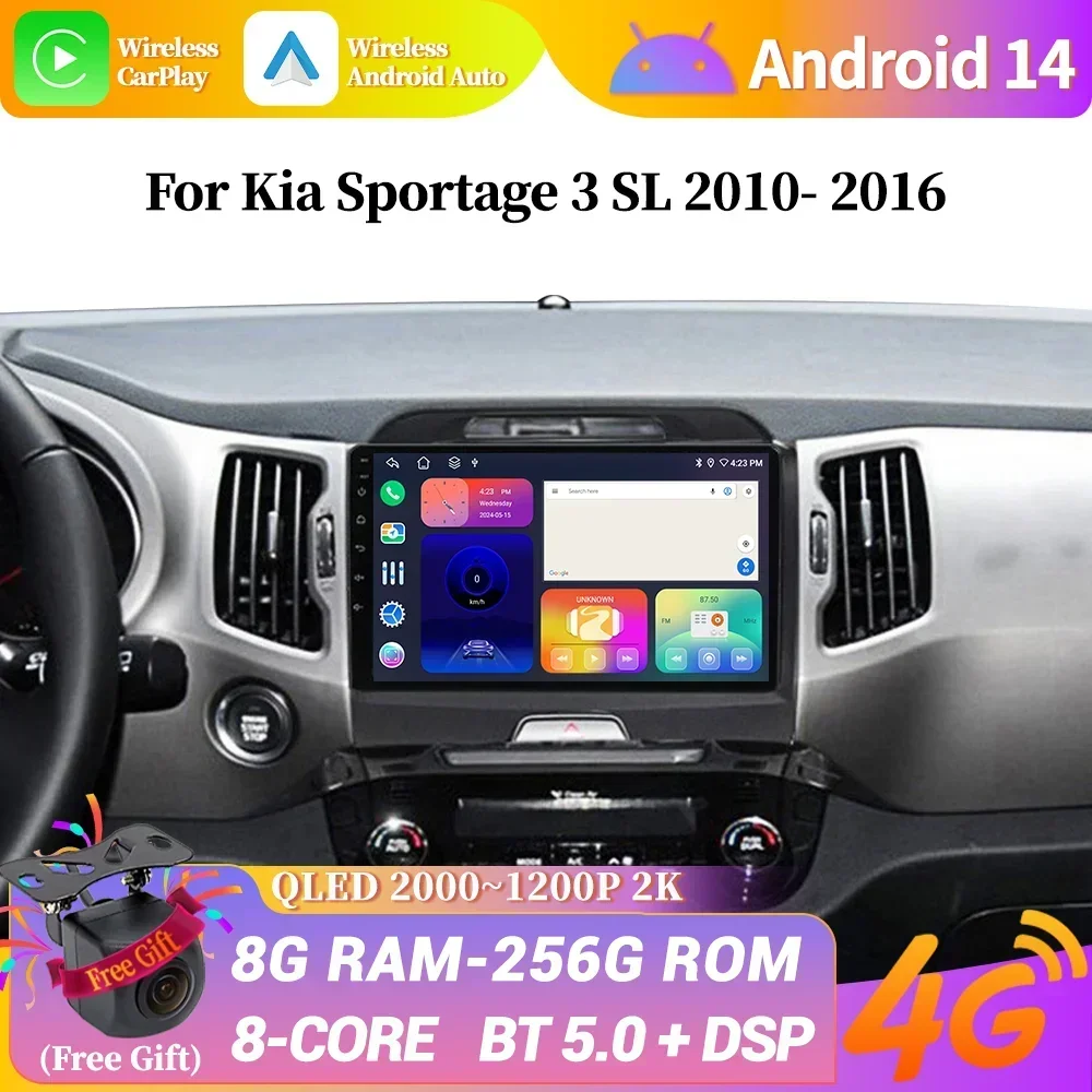 For Kia Sportage 3 SL 2010-2016 Car Radio Android 14 Multimedia Wireless Bluetooth Carplay Stereo 4G GPS Head Unit Touch Screen