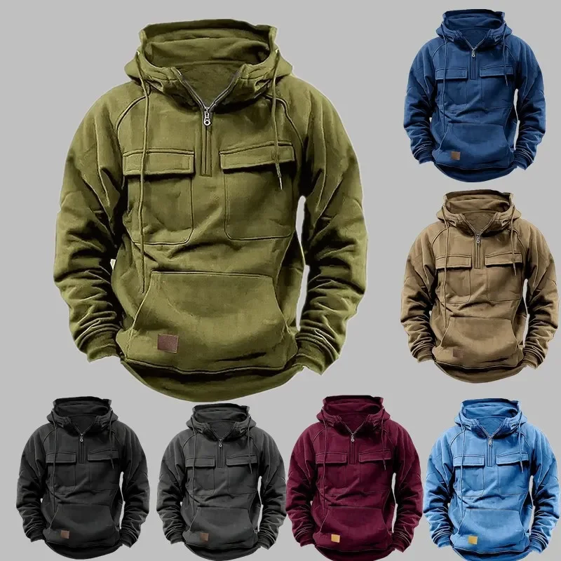

Half Zipper Men's Tactical Hoodies Solid Warm Fleece Military Sweatshirts Multi Pockets Male Hooded Jackets Thick Outdoor Polar