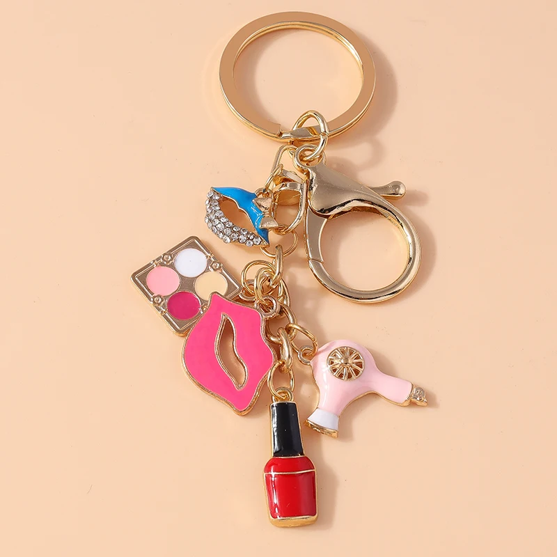 Aihua Brand Design Crystal Makeup Podwer Lipsticks Red Lips Keychains For Women Handbag Pendant Keyrings Jewelry Gifts