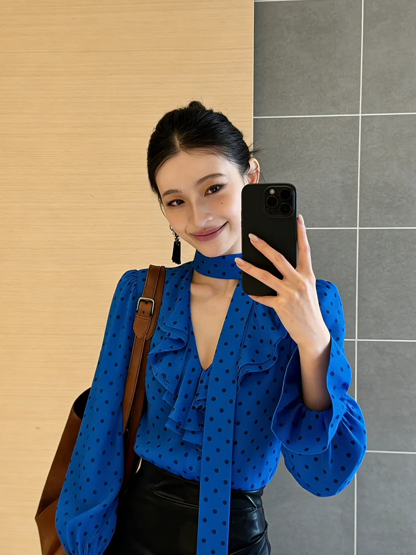 

Unique Polka Dot Sash Women's Shirt Spring Fashionable Bell Sleeve Chiffon Top Lace Trimaged up French Style Waist Cinched