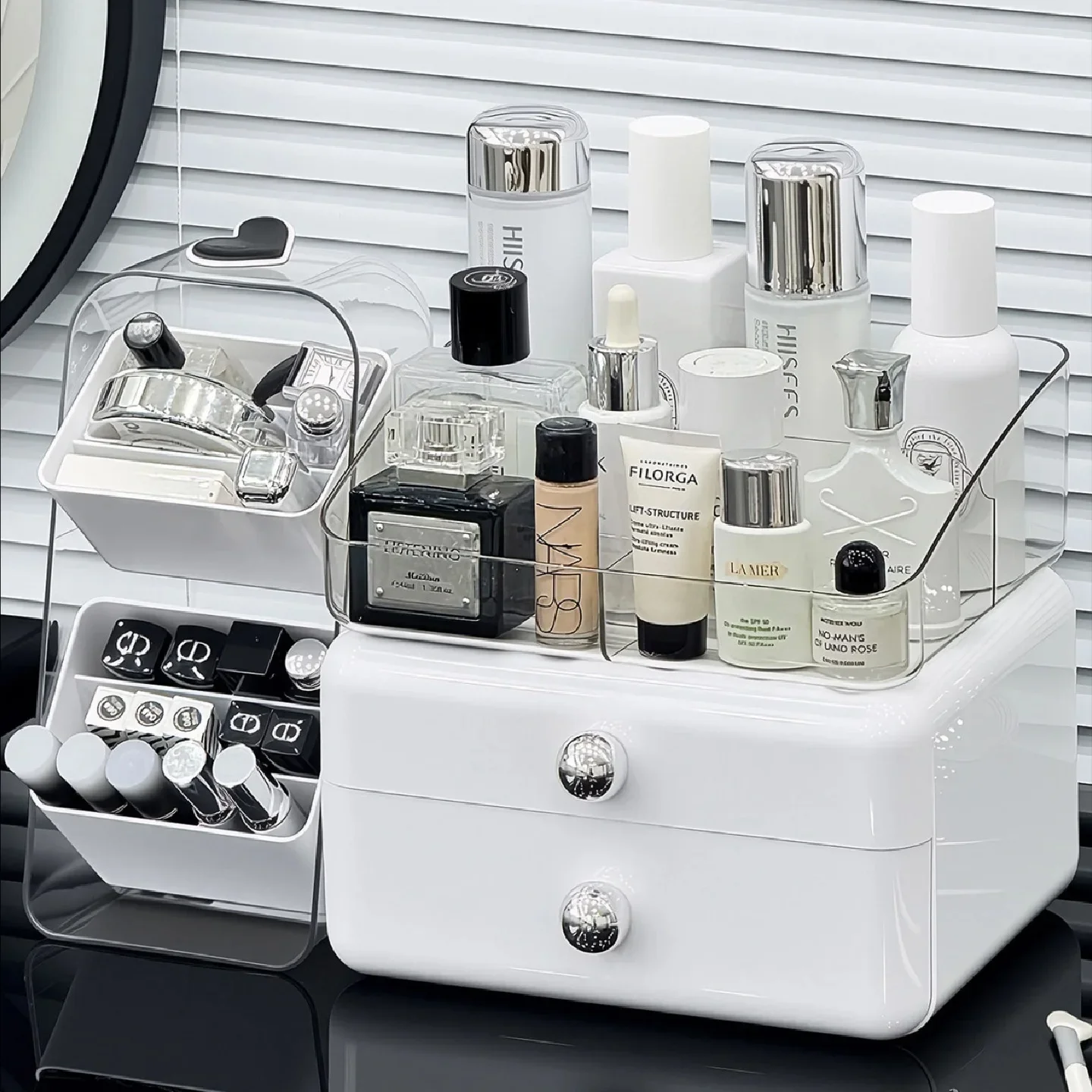 Large Makeup Organizer with Drawers Plastic Cosmetic Storage Box for Vanity Countertop Makeup Brushes Holder Lipstick Container