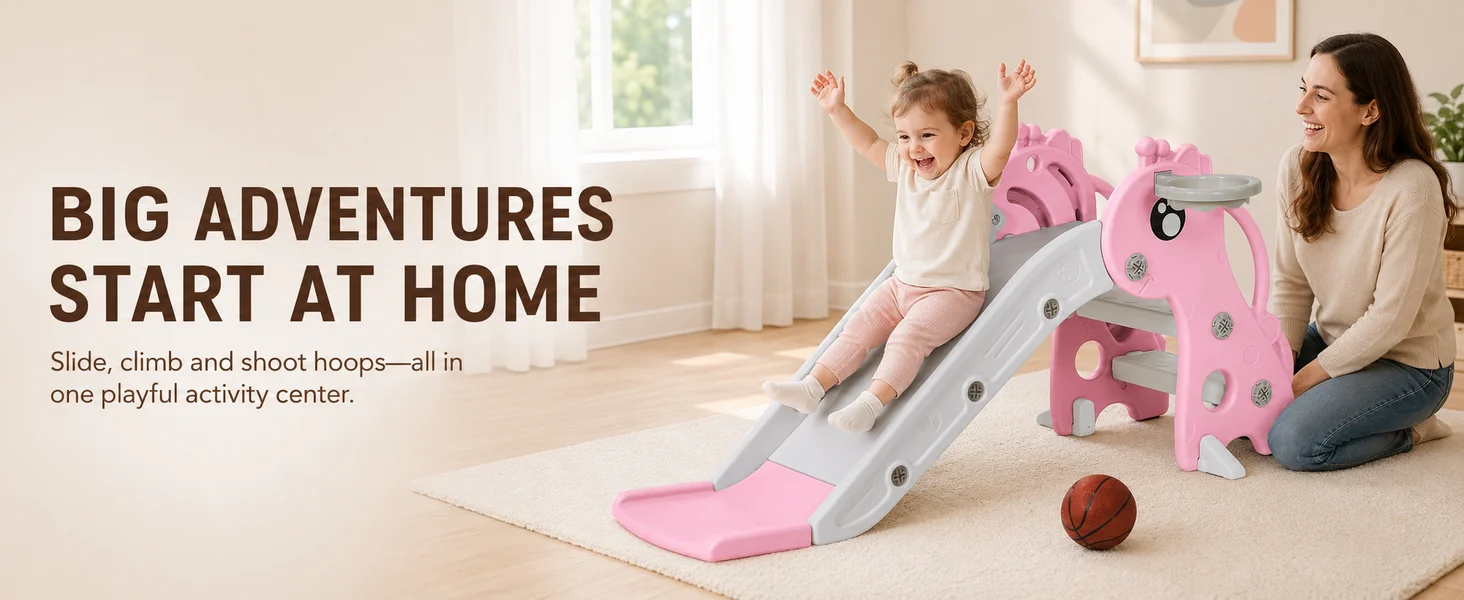 Text reads "BIG ADVENTURES START AT HOME". Image shows woman and child playing with pink play tent indoors on carpeted floor.