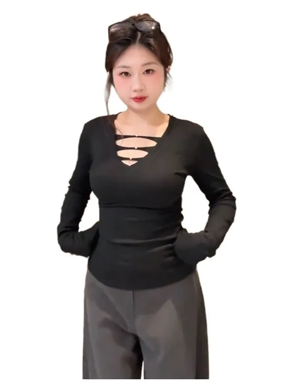 Plus Size Damen-T-Shirt mit V-Ausschnitt und langen Ärmeln, schmal geschnitten, sexy, schlankmachend, Herbst-Winter-Oberteil, elegant und schön