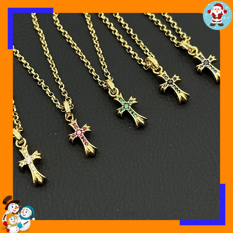 Premium Gold Small with Diamond Cross Necklace Men's and Women's Colored Diamond Pendant Classic Sweater Chain Trendy Brand