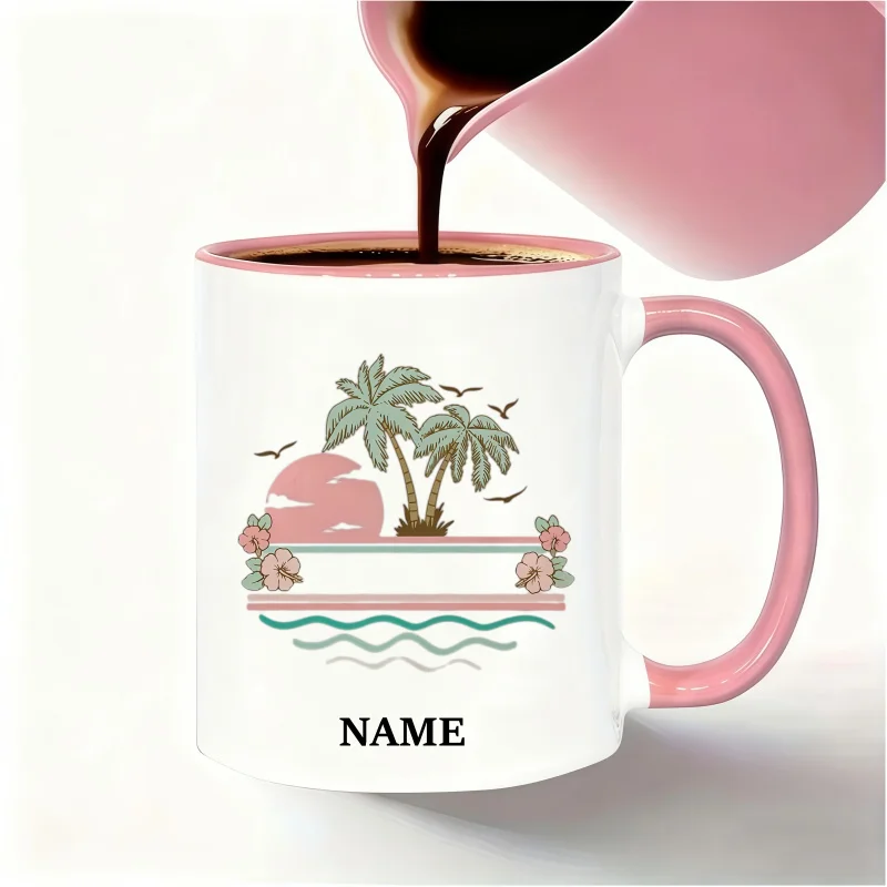 Customizable Name Vintage Island Beach Pattern Mug - Dishwasher Safe, Perfect for Birthdays and Holiday Gifts
