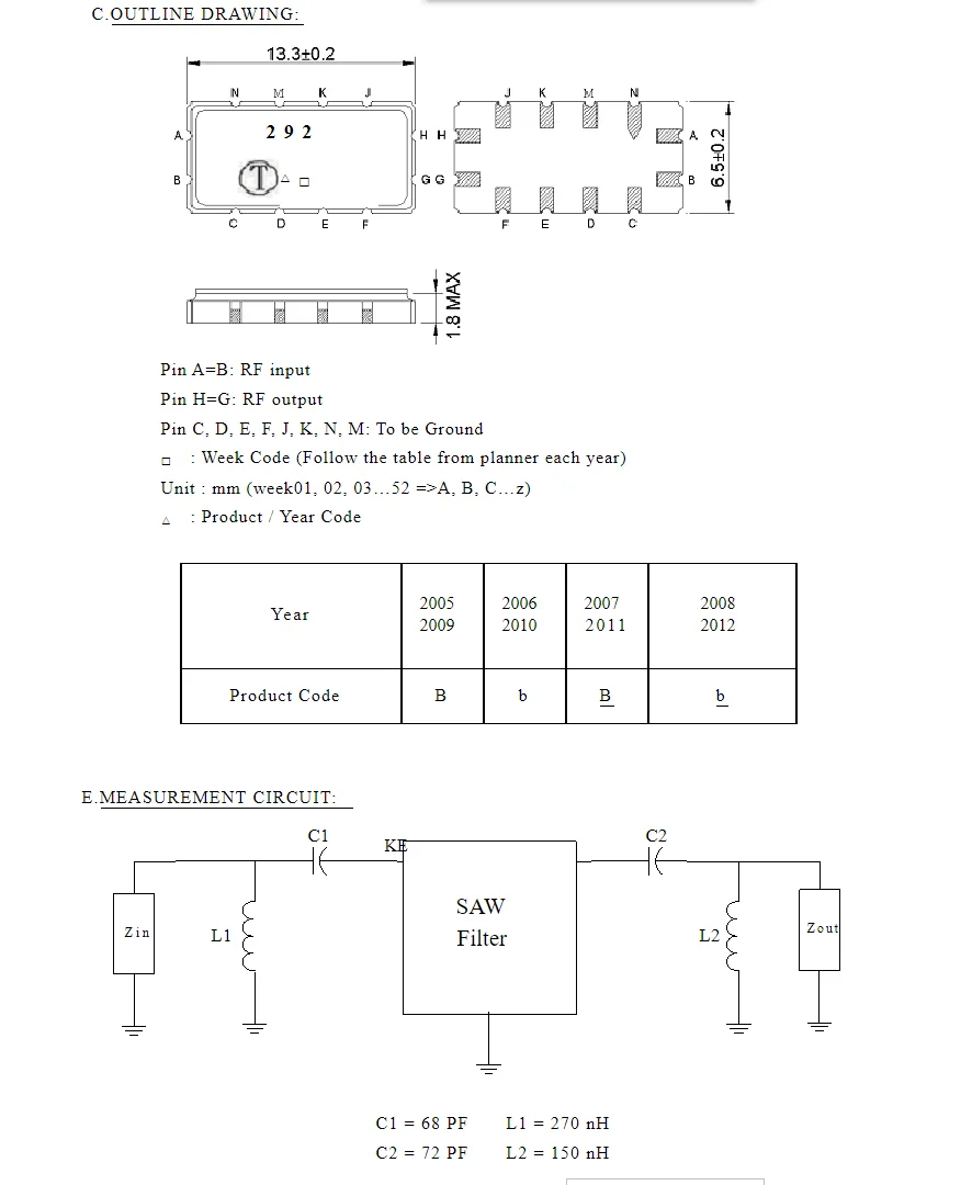 5PCS  TB0292A  code 292  brand new genuine  80kHz   packaged SMD IF SAW Filter  in stock