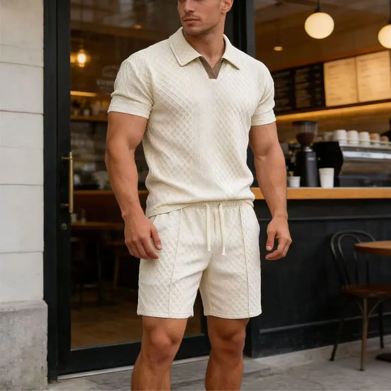 Summer Cool Touch Beige Running Sets with Quilted Design Matching Short Sleeve Polo and Shorts Quick Dry Breathable Gym