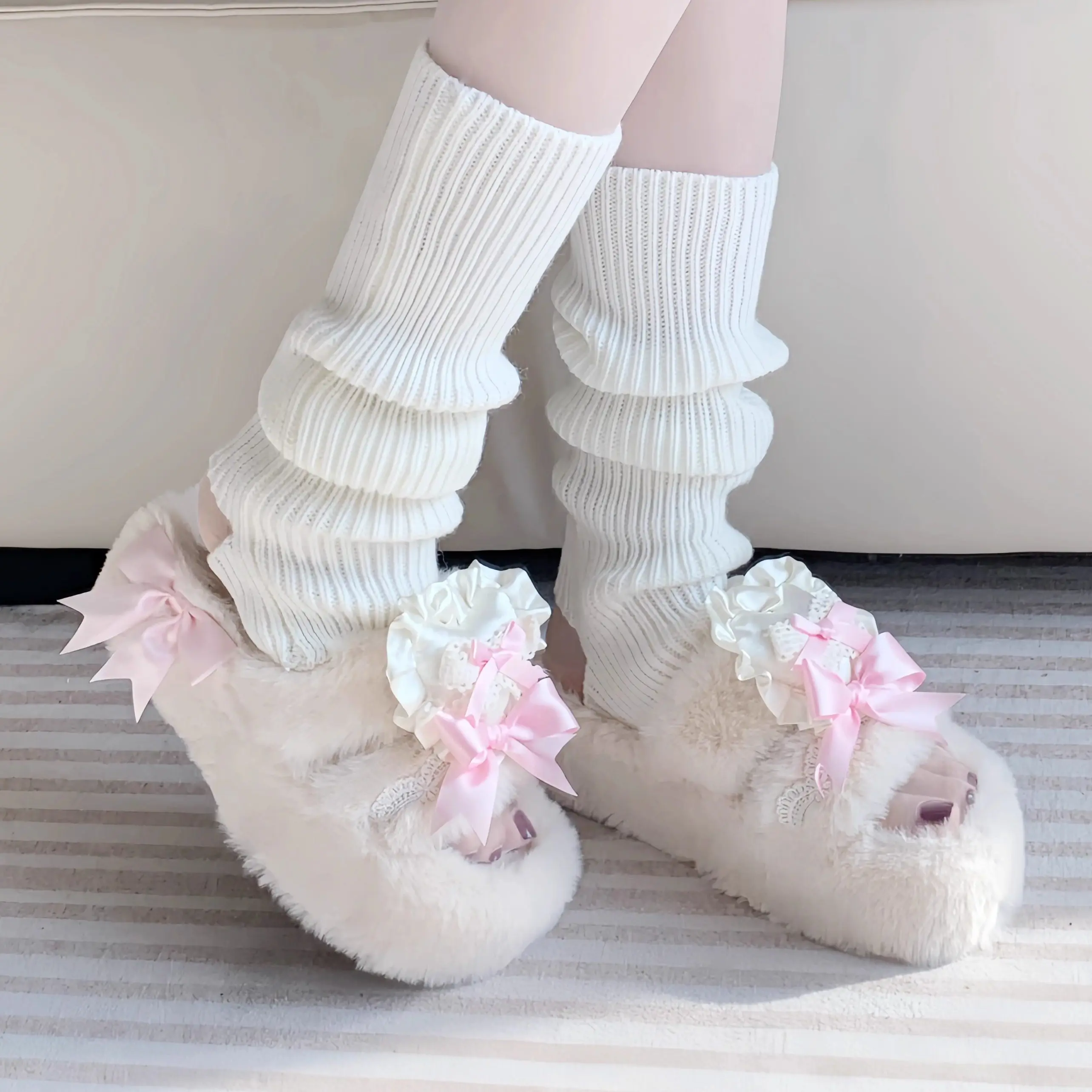 Kawaii Lolita Bunny Bow Fluffy Slippers Lolita Girl Cute Pink Bow Heart Fuzzy Home Slippers For Women