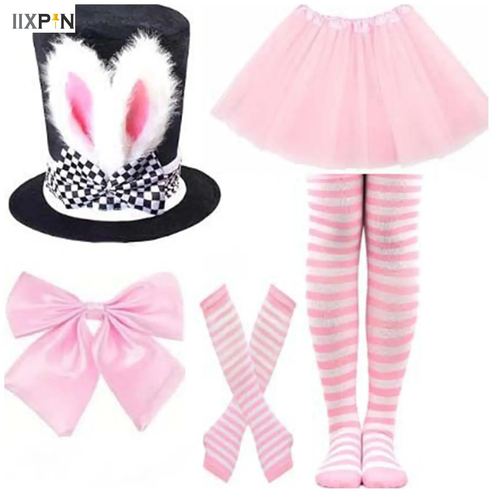 

Rabbit Ear Hat Stocking Bow Tie Stockings Skirt Gloves Set Easter Day Halloween White Naughty Bunny Hat Themed Party Cosplay