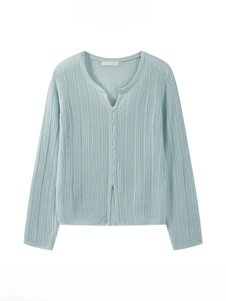 

Y24Y07x Мягкий минималистичный женский вязаный кардиган с длинным рукавом, V-образным вырезом, защитой от солнца, на флисовой подкладке, для ранней осени