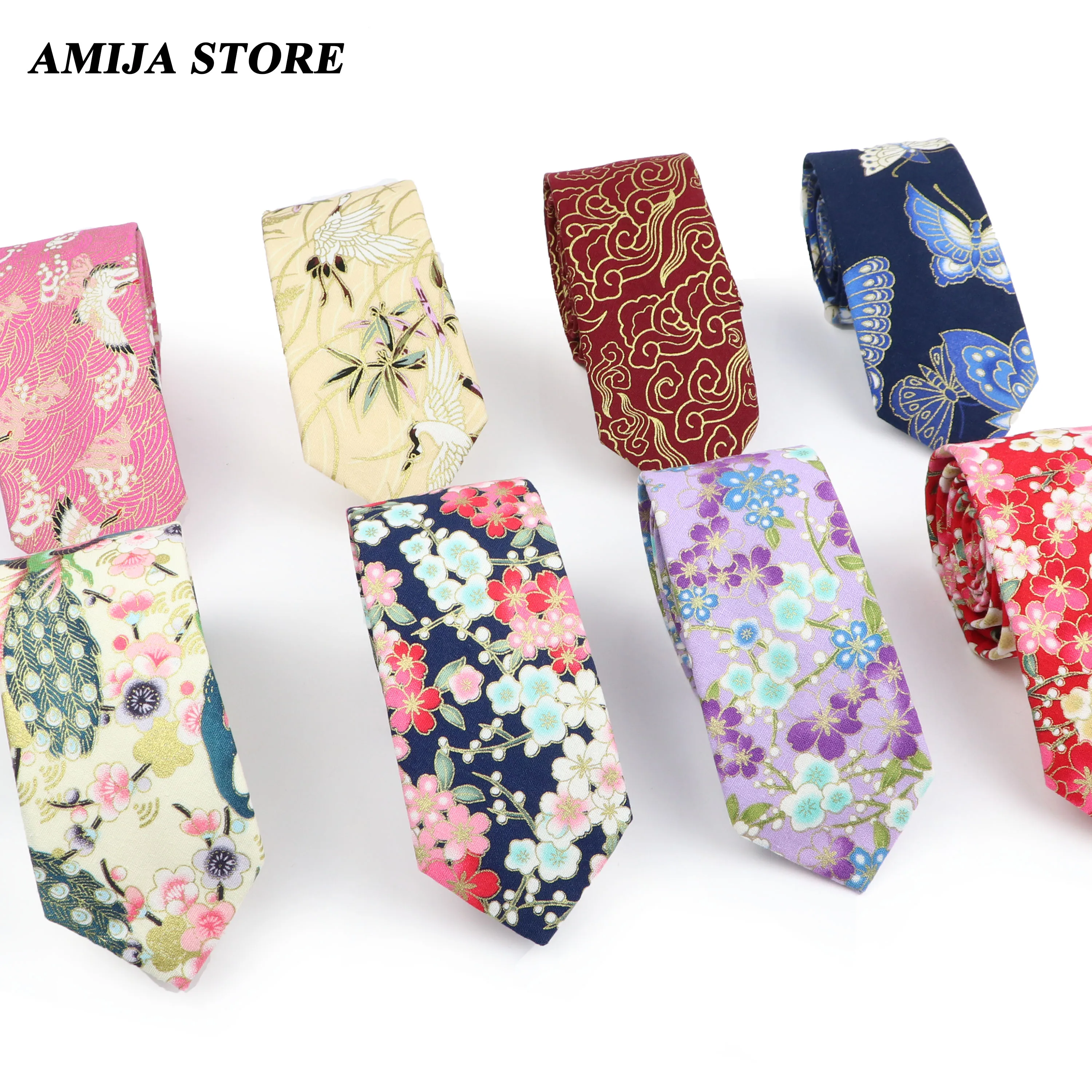 New Floral Tie For Men Women Skinny Gold Edge Cotton Crane Cherry Neck Tie For Wedding Casual Neckties Suits Flower Print Cravat