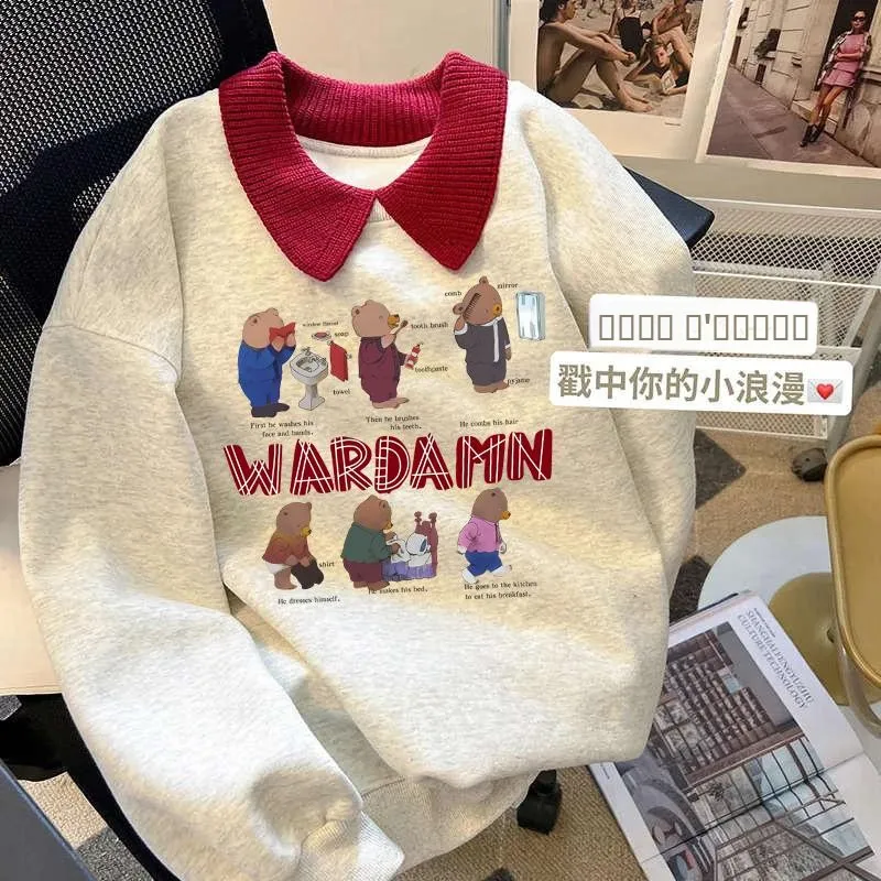 

Серый свитшот с воротником-стойкой для женщин, повседневный, с забавным мультяшным медведем, свободного кроя, с принтом, с длинными рукавами, в корейском стиле, для города