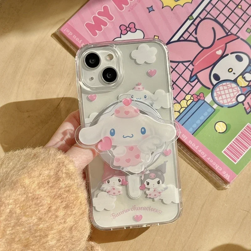 Sanrio Hello Kitty Melody Kuromi Magnetic Bracket Magsafe Wireless Charge Phone Case For iPhone 16 15 14 13 12 11 Pro Max Cover