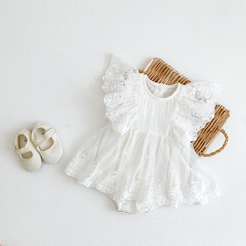 2026 Summer New Solid Mesh Newborn Baby Girl Bodysuit Dress Ruffle Baby One Piece Toddler Birthday Clothing princess Jumpsuit