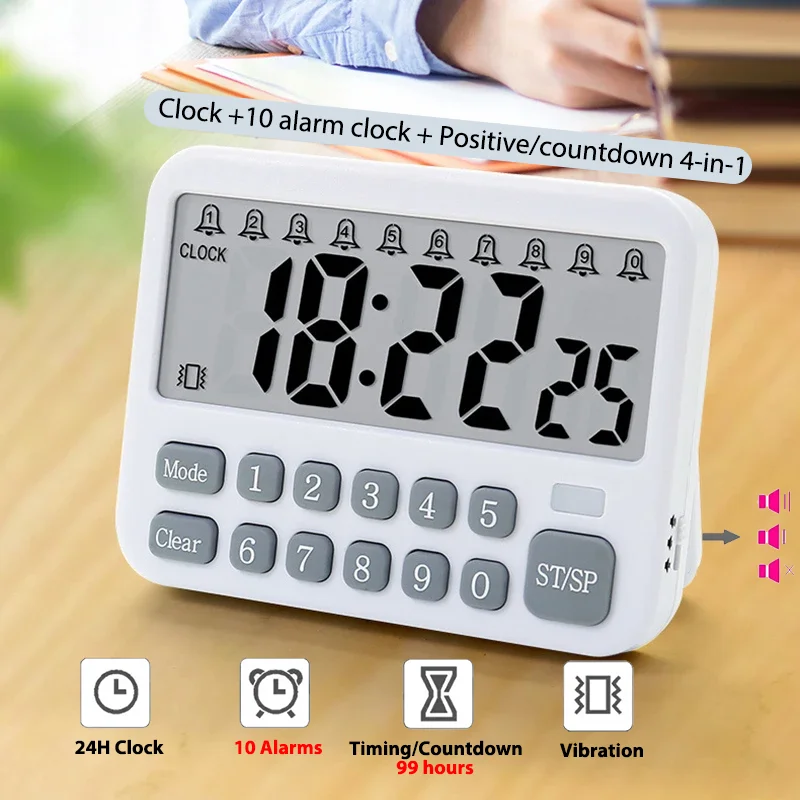 Digital Kitchen Timer 24H Clock 10-Alarms Clocks 99 Hours Countdown Mute/Vibration Magnetic Alarm Clock Table Timers for Cooking
