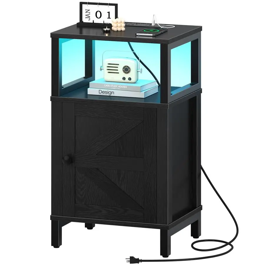 

Прикроватная тумбочка для фермерского дома с зарядной станцией. Деревянная прикроватная тумбочка с USB-портами, светодиодный прикроватный столик со шкафом для хранения. Прикроватная тумбочка.